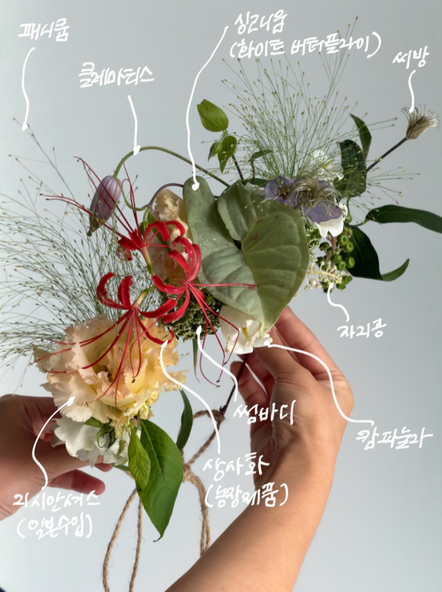 Floral study 06: hand-held arrangement with handwritten plant labels