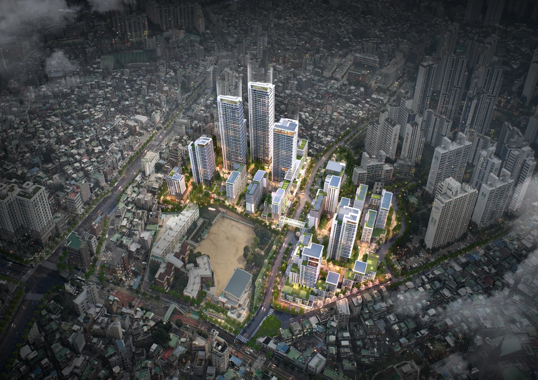 Seoul Singil 2 Urban Public Housing Complex night aerial view